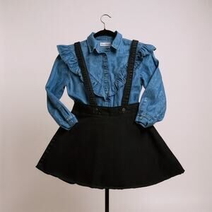 Zara Girls Set Western Ruffle Denim Button up & denim Skirt size 8/9
